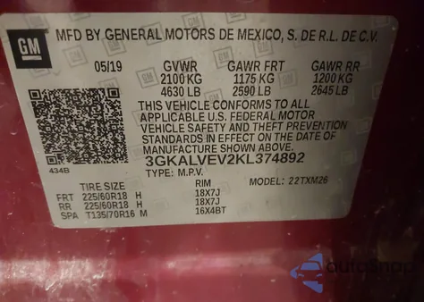 2019 GMC Terrain Slt z USA, uszkodzony, nr VIN 3GKALVEV2KL374892